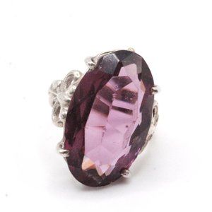 Antique Victorian 19th Century Sterling Silver Purple Faceted Glass Oval Ring